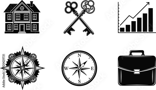 Black vector silhouette set of business and real estate icons featuring a house vintage keys growth chart compass and briefcase for professional corporate branding (23 words)