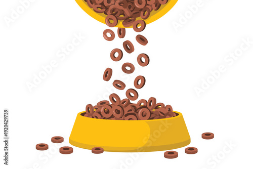 Dog Food Pouring into Yellow Bowl Isolated on Transparent Background Pet Feeding Concept