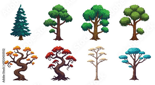 A collection of cartoon trees in various shapes and autumnal colors displayed against a white backdrop silhouette high quality professional detailed