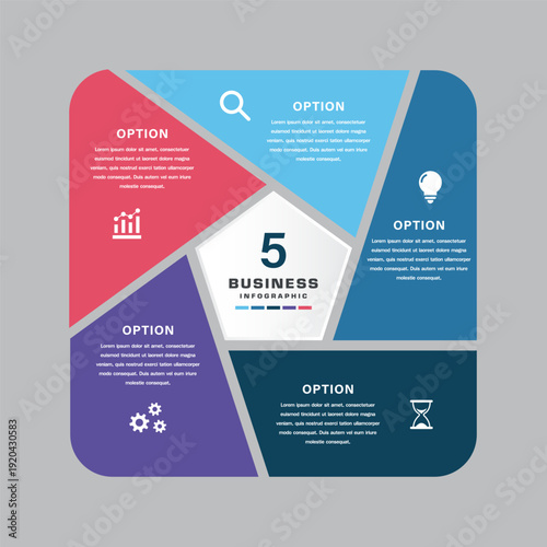 Pentagon Business Infographic Diagram with Five Segmented Options, Icons, and Central Hub for Corporate Strategy, Marketing, Education, and Presentation Templates