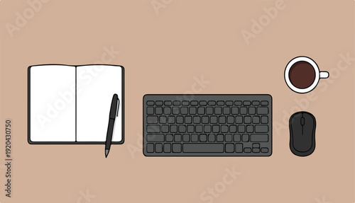 Top View Minimalist Workspace Illustration with Keyboard, Coffee, and Notebook