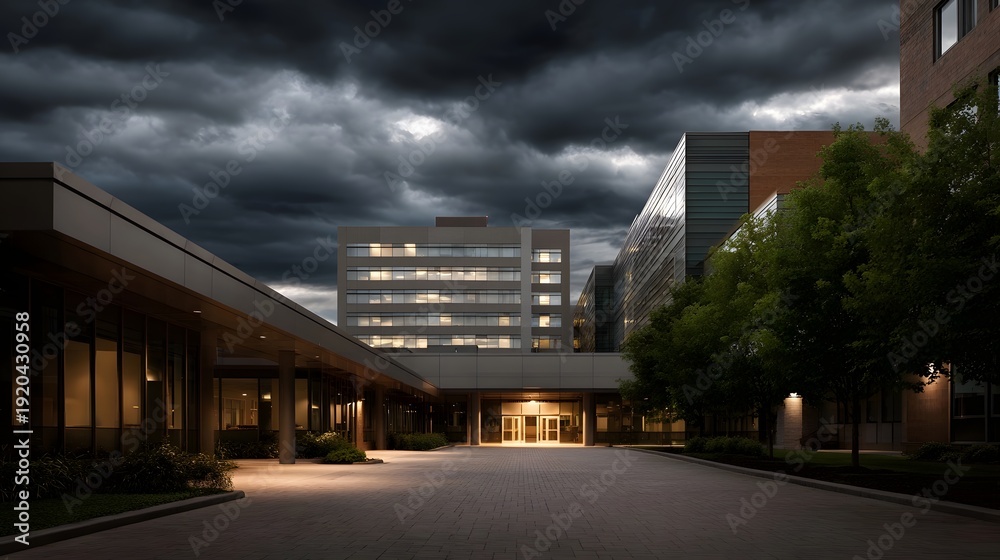 Fototapeta premium Modern institutional building under a dramatic stormy sky at twilight