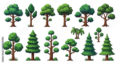 Collection of various green trees in different shapes and sizes presented as a flat vector silhouette high quality professional detailed modern