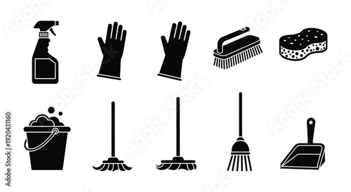 A collection of black cleaning supplies and tools including a hand silhouette displayed on a white background high quality professional detailed
