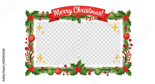 Elegant Christmas greeting card design featuring a festive holiday border of winter holly branches with red berries and green leaves for a New Year celebration vector illustration