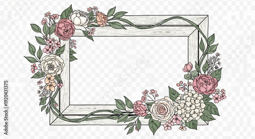 Vintage floral frame design with flowers on paper texture for a wedding invitation or scrapbook photo album cover illustration