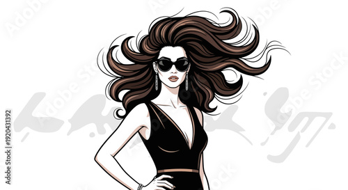 An artistic vector illustration of a glamour model with long hair and a stylish face featuring makeup on her lips and eyes, designed as a beauty sketch with a flower in her hairstyle