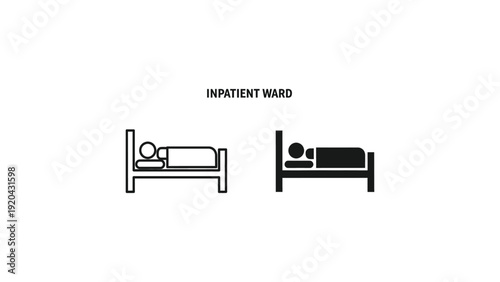 Inpatient ward beds in simple line art with minimalist design in black and white for healthcare illustration