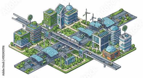Isometric view of a sustainable smart city with green buildings and renewable energy.