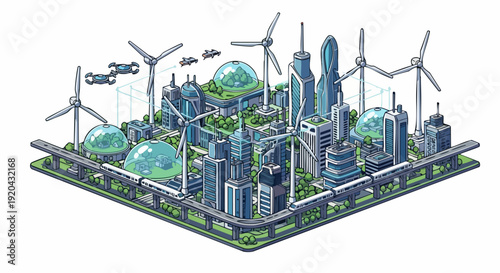Sustainable Futuristic City with Green Energy and Transportation.