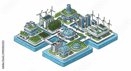 Isometric illustration of a futuristic sustainable city with renewable energy sources.