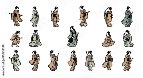 Collection of traditional Japanese women in kimonos, showcasing various poses and actions, elegant cultural illustrations for design projects.