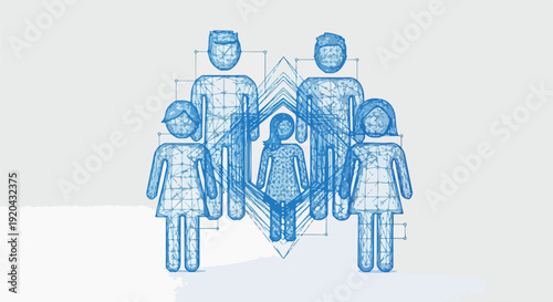 Digital wireframe family illustration representing social connections, community, and data in modern society. Abstract concept of people network.