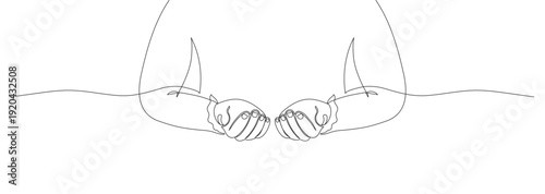 Person with cupped hands out front in one line art style. Banner with copy space. Give to gain pose. International Women's day 2026 background