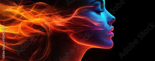Vibrant female profile with flowing colorful energy lines