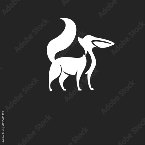 Stylized white fox animal standing on a dark background, a minimalist graphic design for modern branding or emblem.