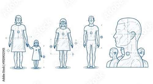 Conceptual blueprint illustration of human anatomy with sensor points, symbolizing health data, biometric identification, and the integration of technology in healthcare.