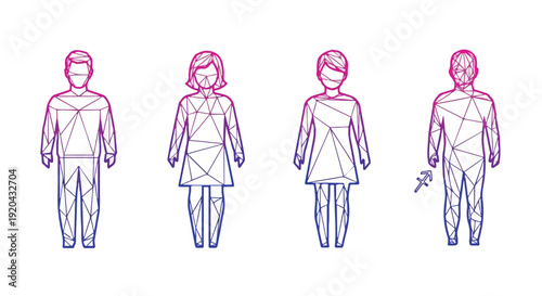 Diverse group of stylized polygonal people figures representing gender and individuality in a modern abstract design