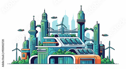 Futuristic Eco City with Sustainable Architecture and Green Energy.