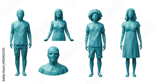 Low poly geometric human figures, diverse set of stylized people in teal blue, isolated on white background