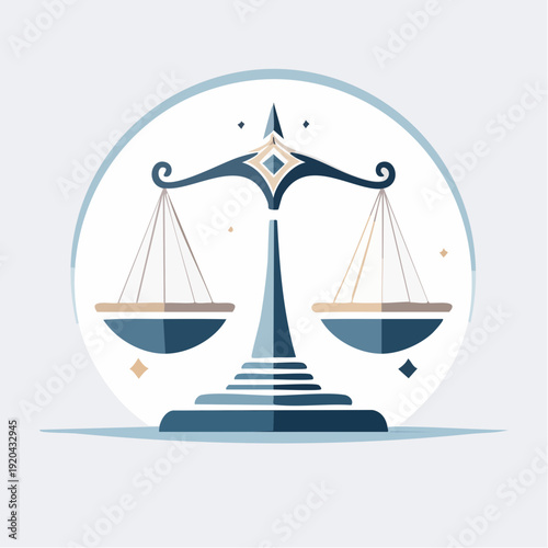 Balance scale illustration, symbolizing justice, law, and equilibrium in a circular frame