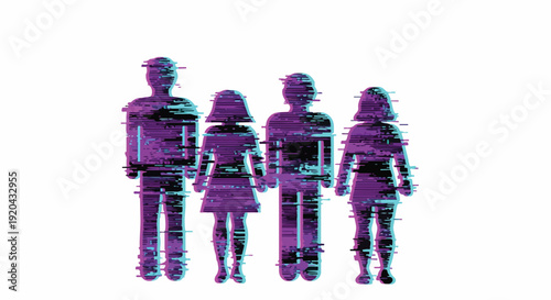 Glitch Art Family Silhouette with Digital Distortion Effect, Representing Modern Technology and Social Disconnection