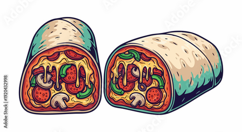 Pizza Burrito Illustration with Pepperoni, Mushrooms, and Green Peppers.
