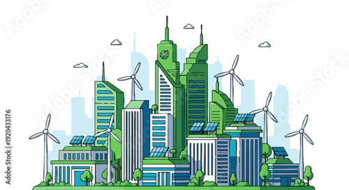Eco-Friendly Futuristic Cityscape with Green Architecture and Renewable Energy.
