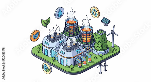Isometric Power Plant with Sustainable Energy Elements Illustration.