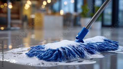 Hyper-realistic close up of blue mop gliding over modern kitchen floor, soap suds forming delicate white foam, reflections of glossy tiles and surrounding furniture, hand in precis