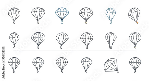 Parachute Icons Set, Skydive Equipment Collection
