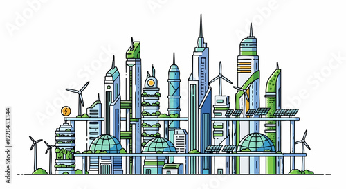 Futuristic Sustainable City with Eco-Friendly Buildings and Wind Turbines.