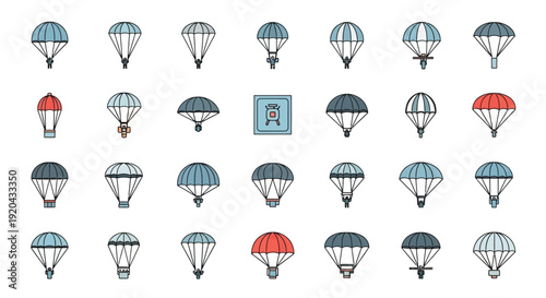 Parachute icons set, skydiving equipment collection