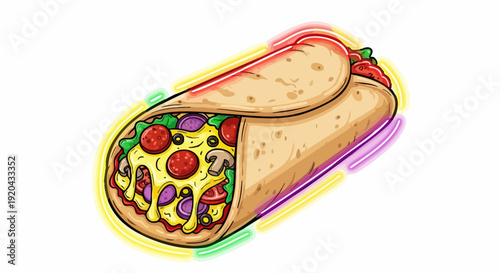 Delicious Pizza Burrito with Colorful Toppings and Melted Cheese.