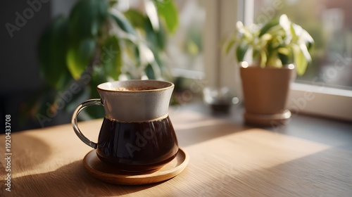 Sunlight streams onto a steaming mug of dark coffee placed on a wooden surface next to lush green plants by a window