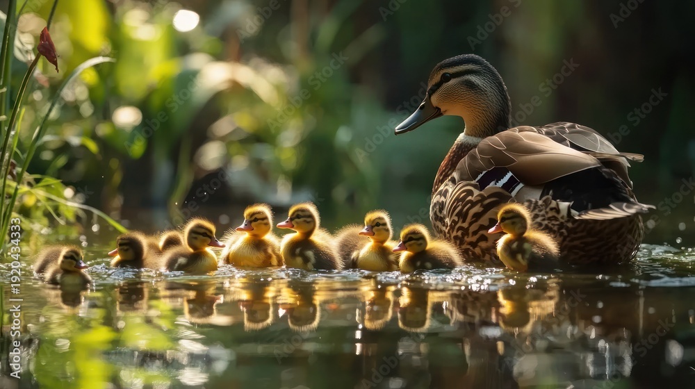 Obraz premium Mother duck with ducklings in a pond. A mother duck leads her young ducklings through a tranquil pond. Sunlight illuminates the scene