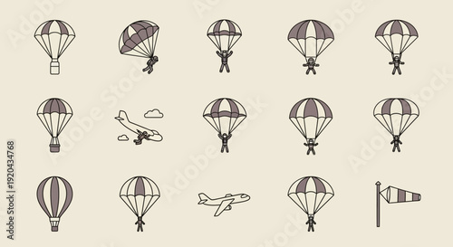 Parachuting Icons Set: Skydiving and Aviation Graphics
