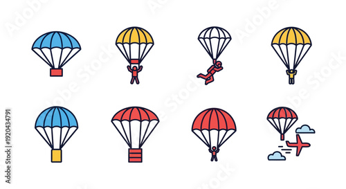 Parachuting Icons Set: Skydiving, Freefall, and Extreme Sports