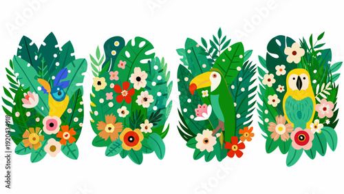 Tropical birds and lush foliage in a vibrant stylized illustration