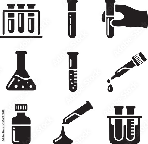 Medical laboratory icons in black silhouette EPS, chemistry test tubes and pipette symbols, science research UI pictograms