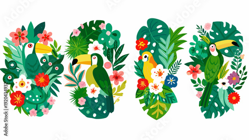 Tropical illustration featuring toucans foliage and vibrant floral arrangements