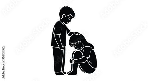 A young boy comforts a kneeling girl in a simple black graphic showcasing a poignant emotional connection silhouette high quality professional