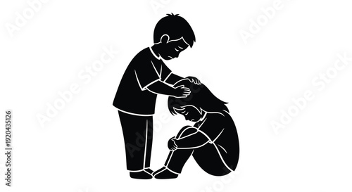 A touching scene depicts a child comforting another in distress rendered as a stark silhouette high quality professional detailed modern elegant