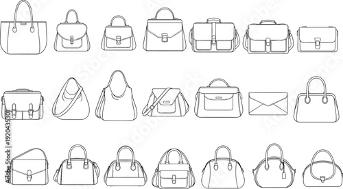 Black and White Outline and Silhouette Vector Illustration Set Featuring Various Women Handbags Purses Clutches Tote Bags and Fashion Satchels