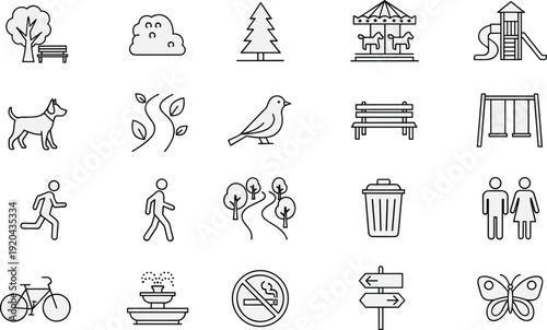 Black and White Linear Icon Set Featuring Public Park Elements Such as Trees Benches Playground Equipment Fountain Dog Path and Signage