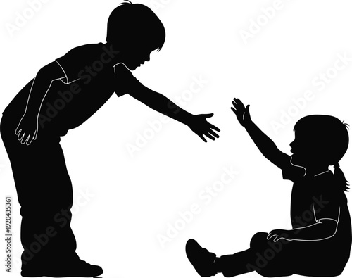 Children helping each other silhouette illustration, boy assisting girl friendship support concept black and white vector design