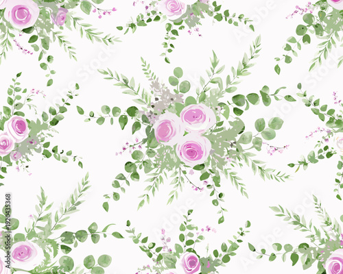 Watercolor floral pattern with pink roses and delicate green foliage