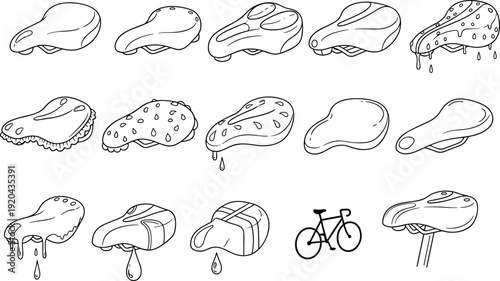Black and White Outline Vector Illustration Set Featuring Various Bicycle Saddles and Seats in Multiple Styles for Cycling Maintenance Design
