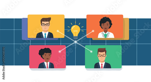 Online team collaboration and idea generation with diverse professionals connecting through video conference. Remote work and digital teamwork concept.