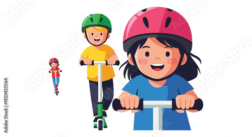 Three children cheerfully riding scooters outdoors wearing colorful helmets creating a playful summer scene silhouette high quality professional detailed modern elegant